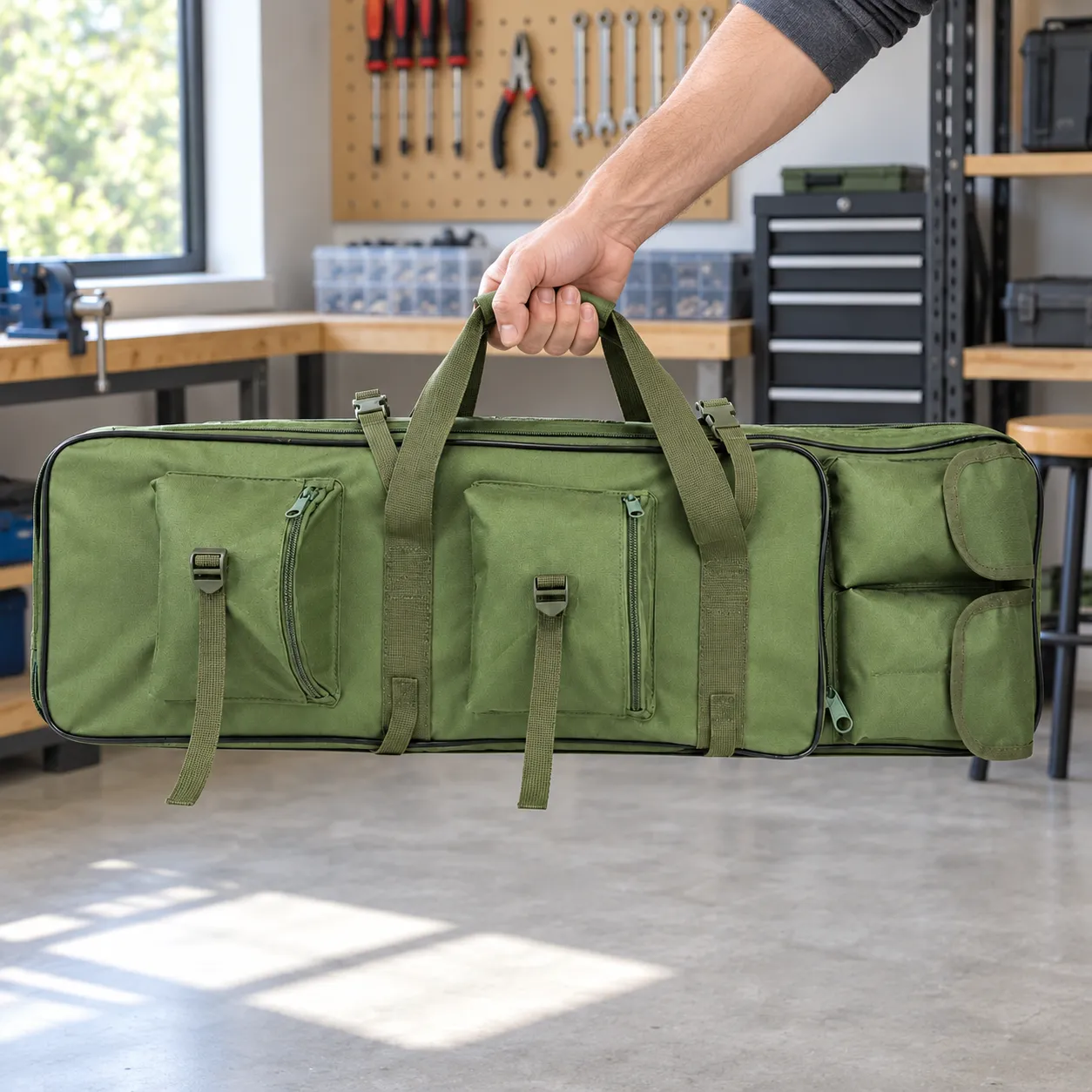 Compact green bag carried by its paired handles; no equipment included