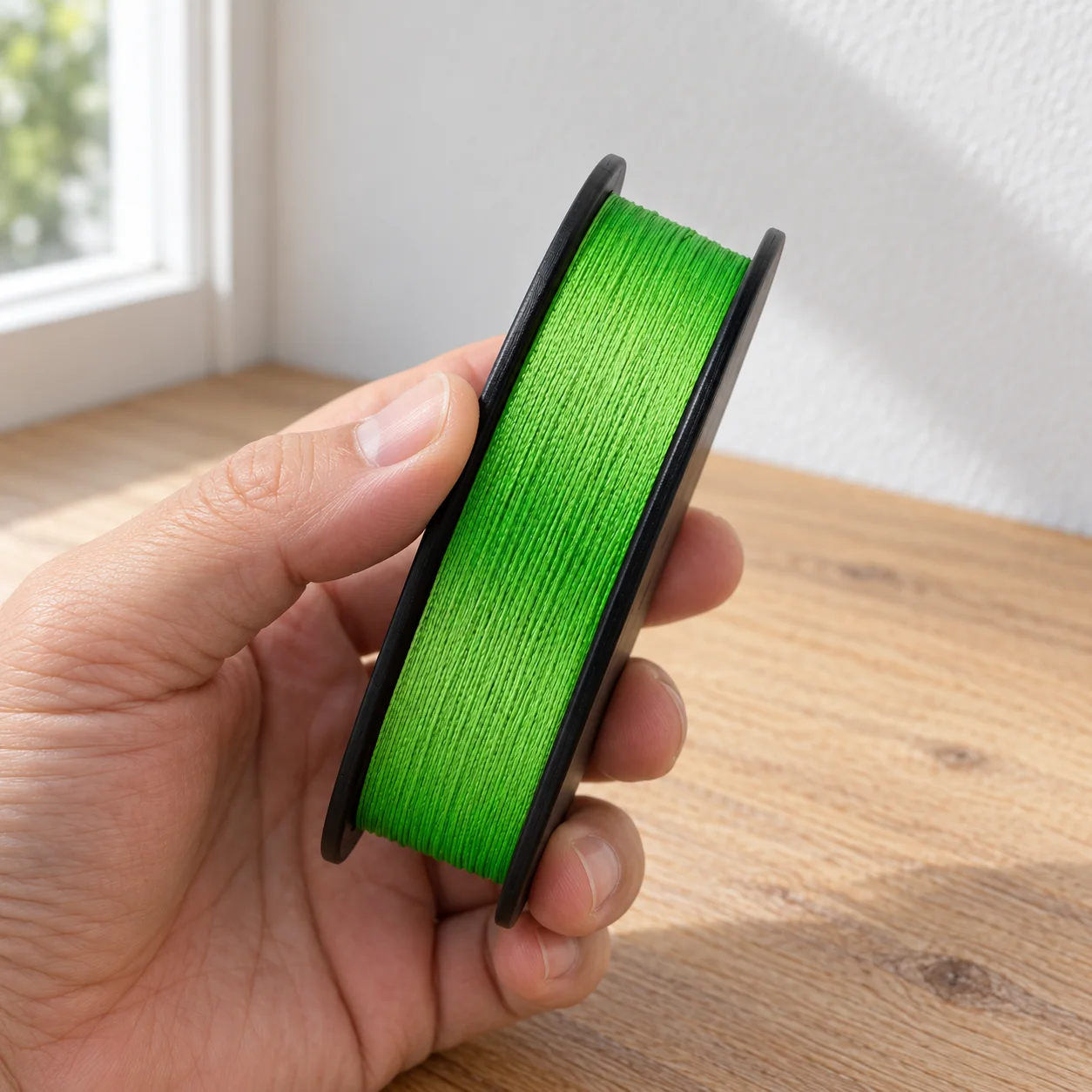green four-strand braided fishing line on black spool: use view; props not included