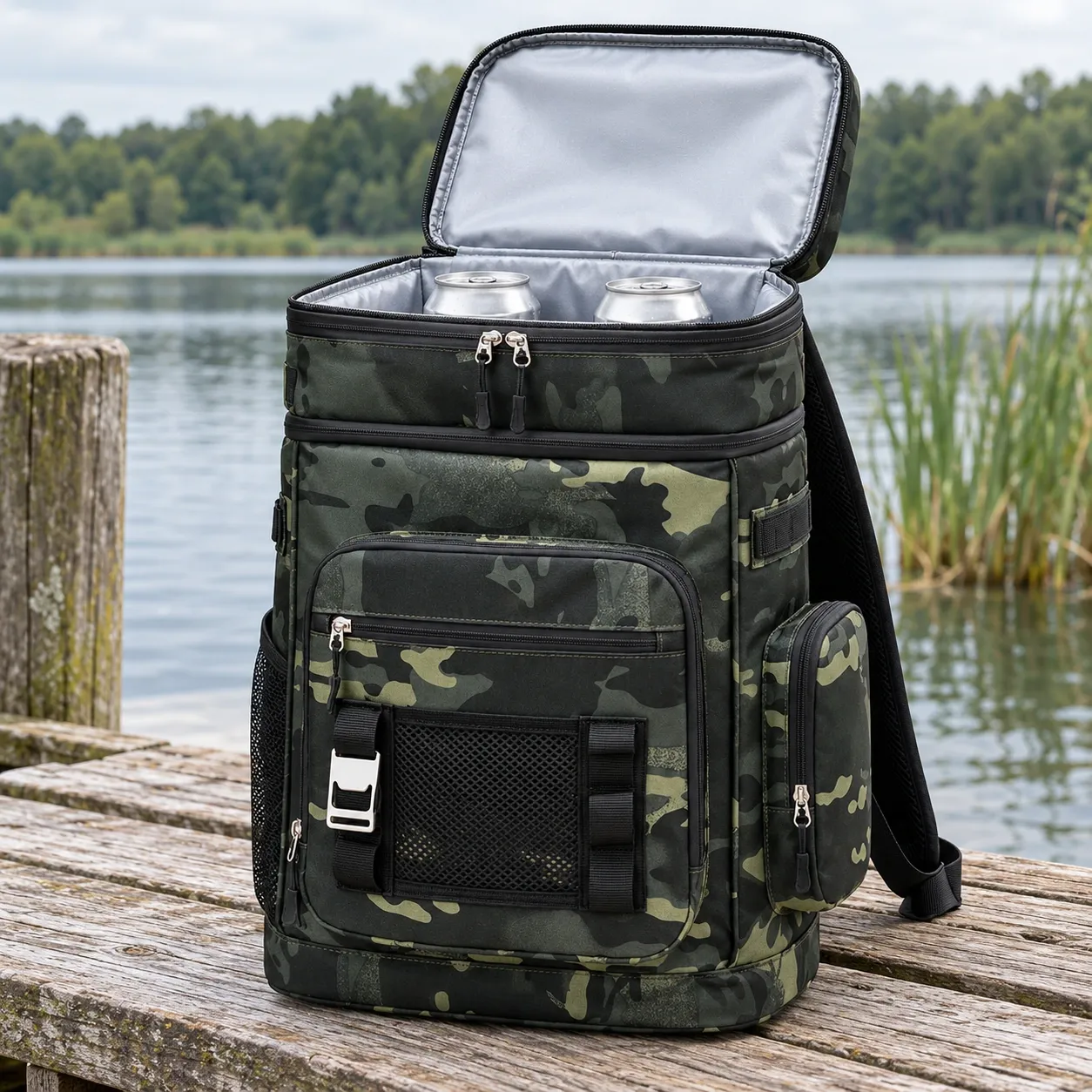 Bennett Cooler Backpack - Camouflage — open cooler in use