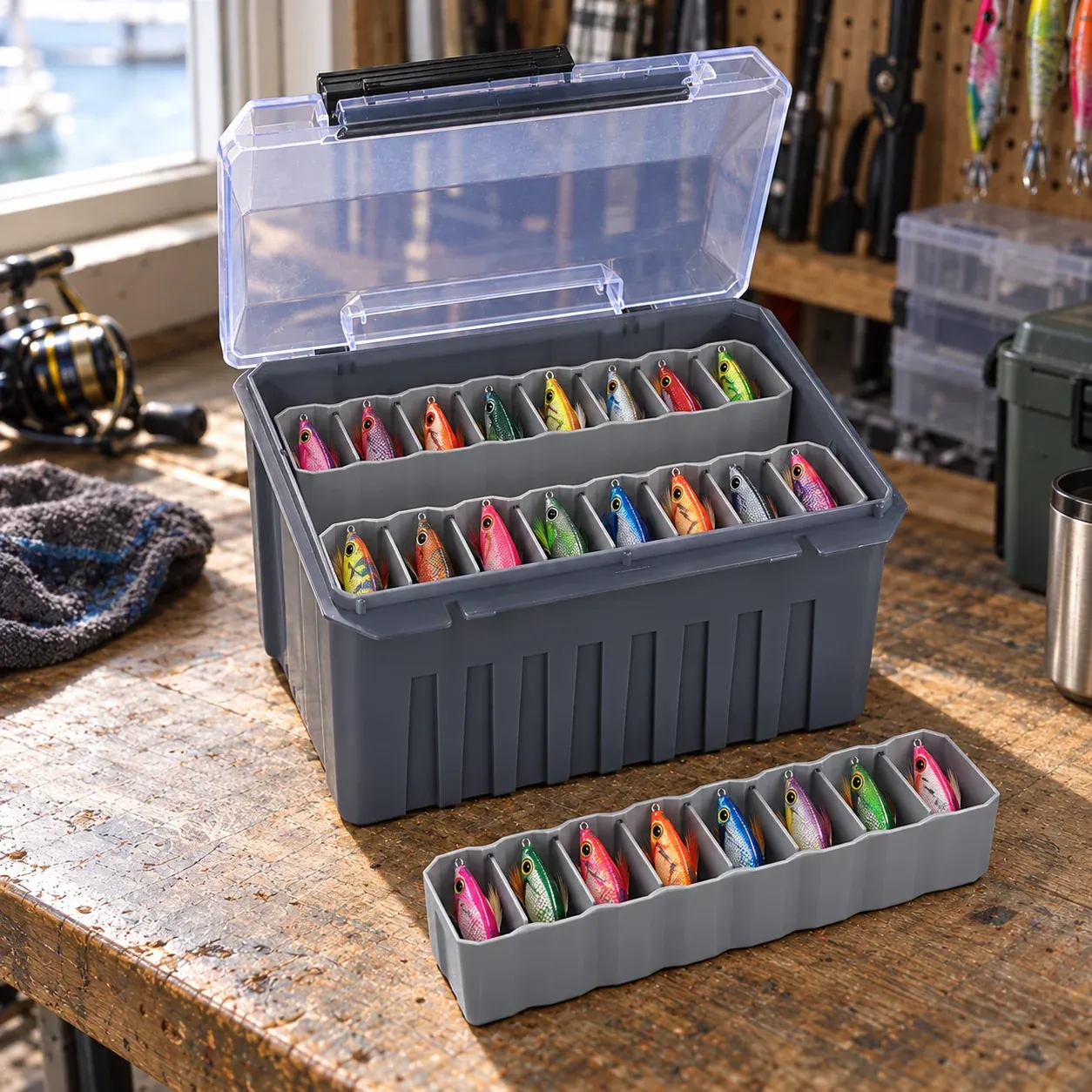 Gray box with three eight-slot trays filled with example jigs; jigs excluded.