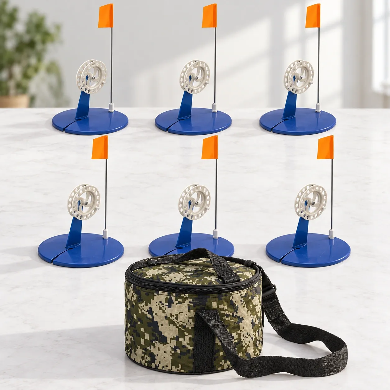 Bram Ice Fishing Tip-Ups - All six tip-ups and carry bag
