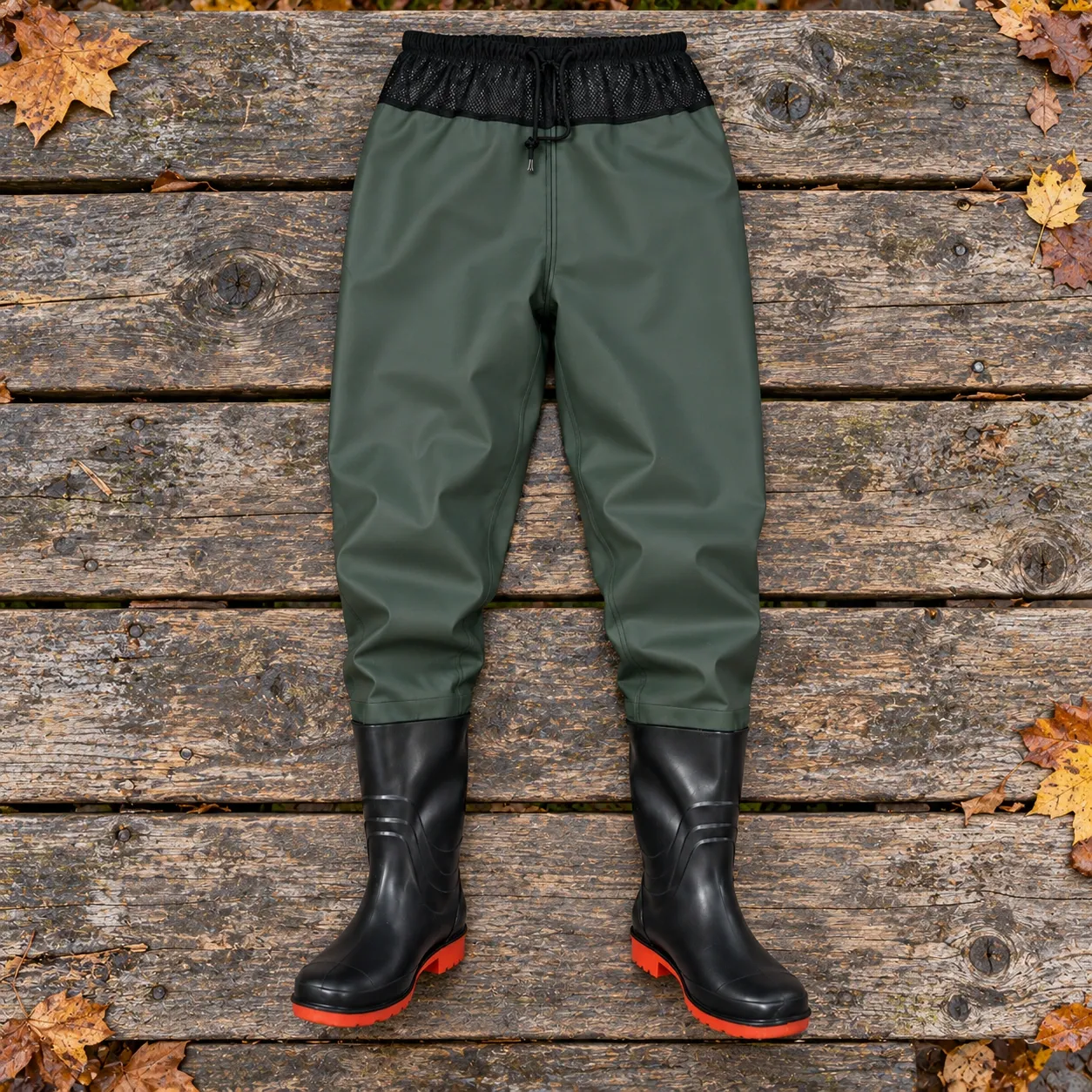 Dalton Waist Waders - Complete Green wader trousers and integrated boots laid out