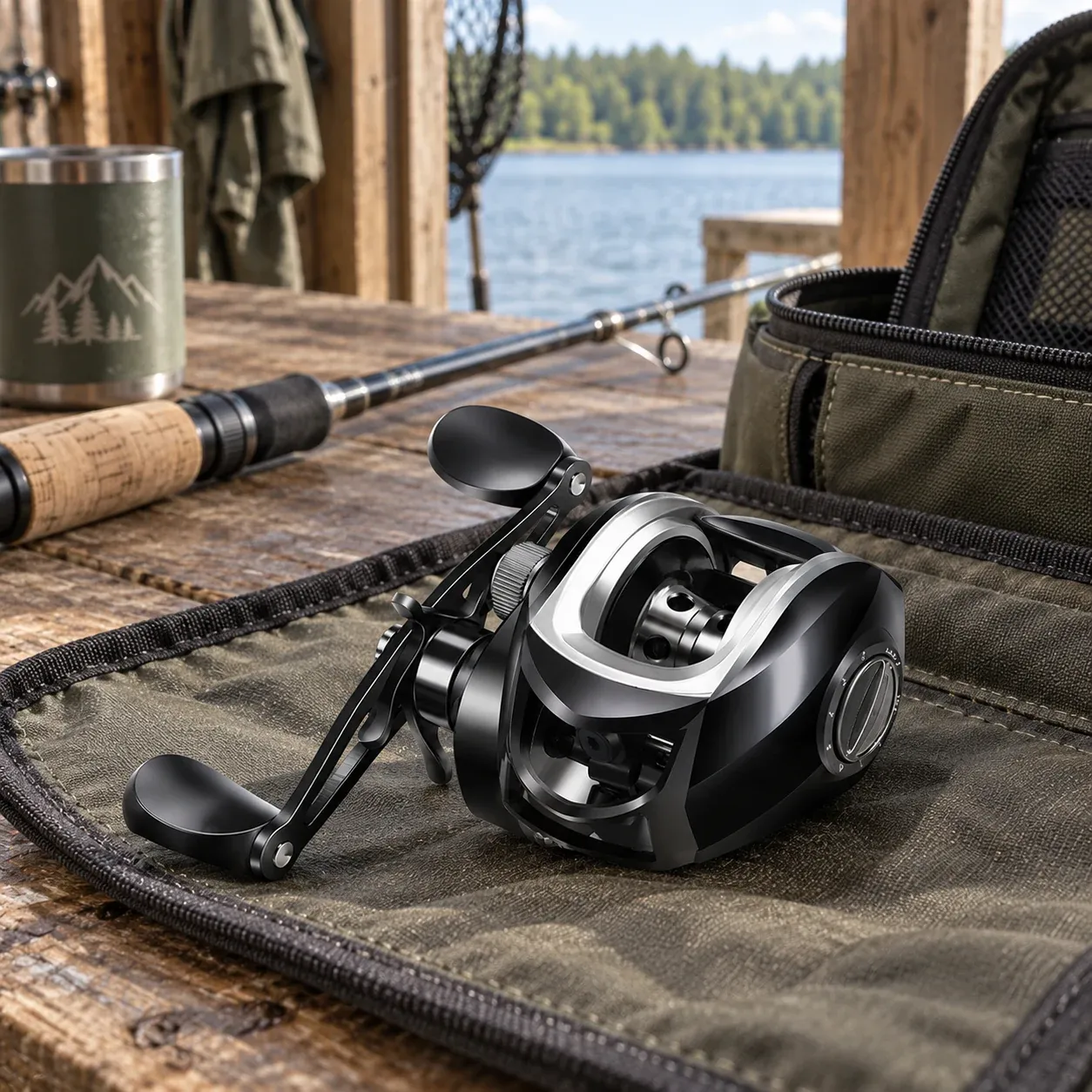 Colton Baitcasting Reel - Black and silver, right hand - in a furnished setting; other objects not included