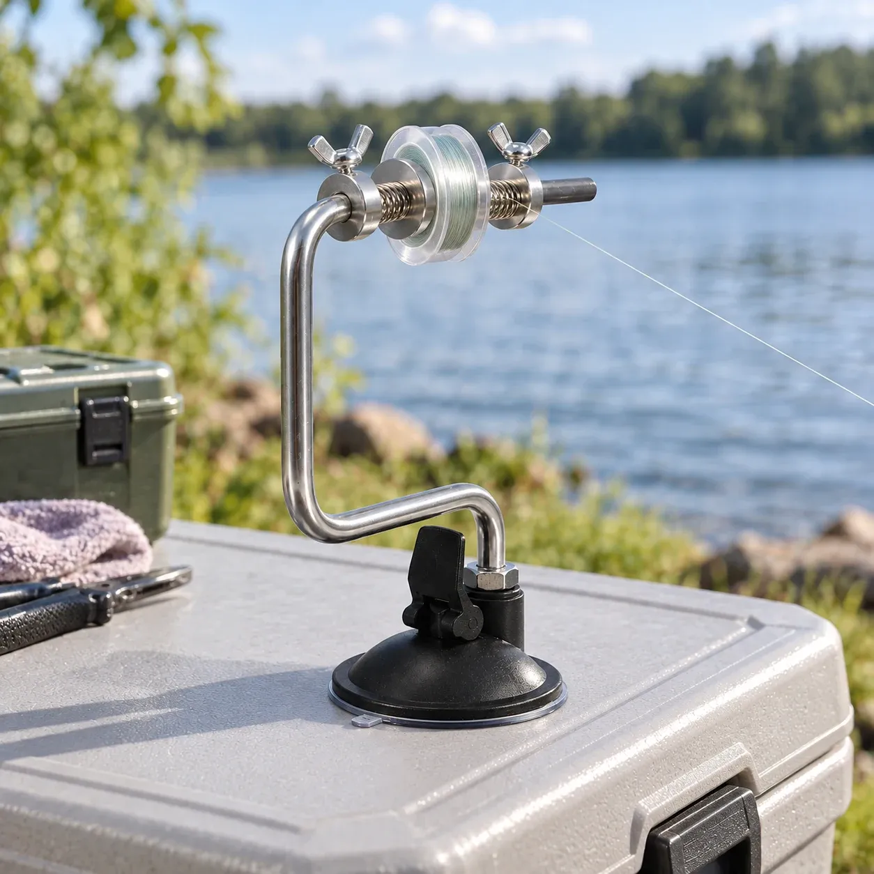 One line spool between holder cones on smooth cooler top by lake; spool, line and cooler not included