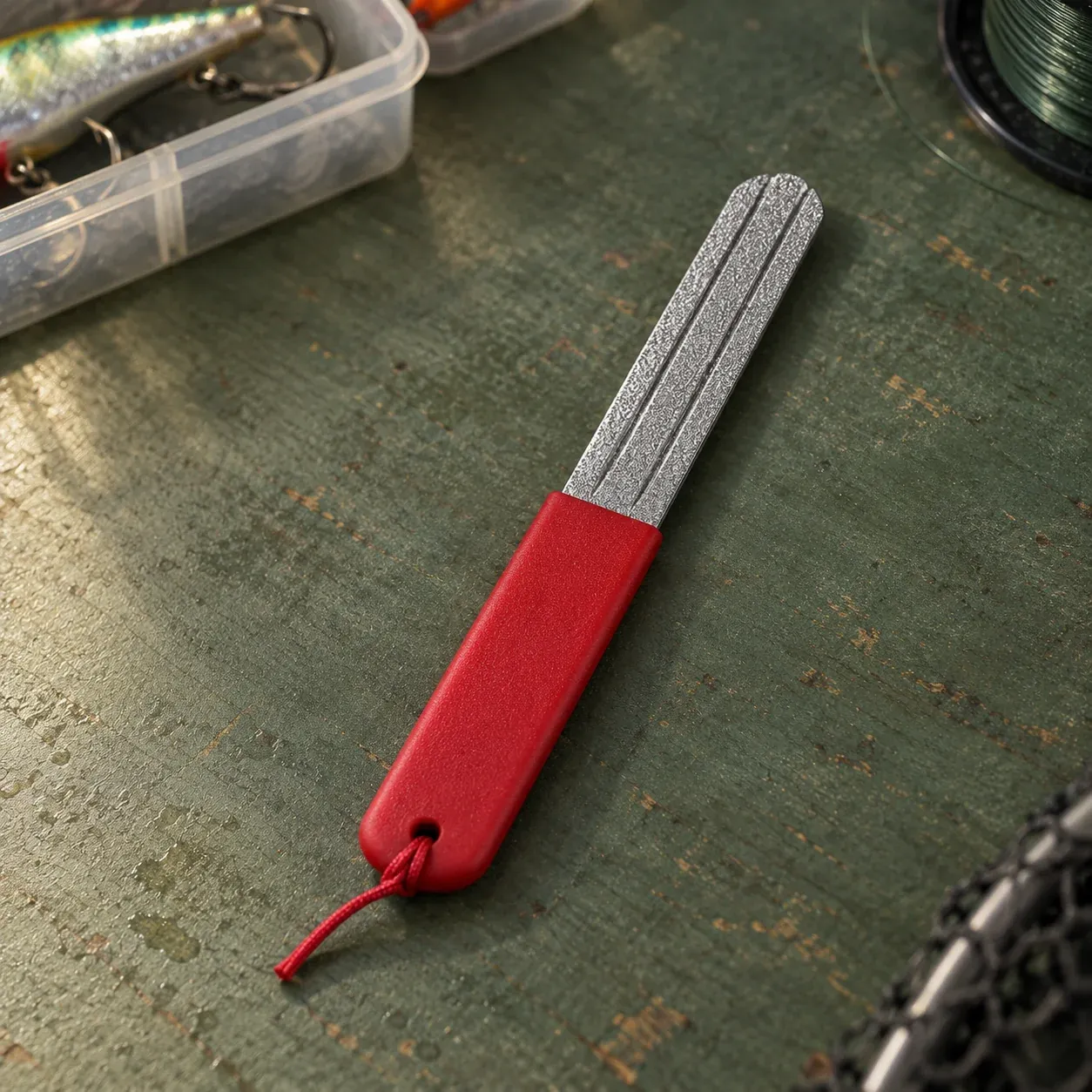 Red-handled pocket hook file with cord