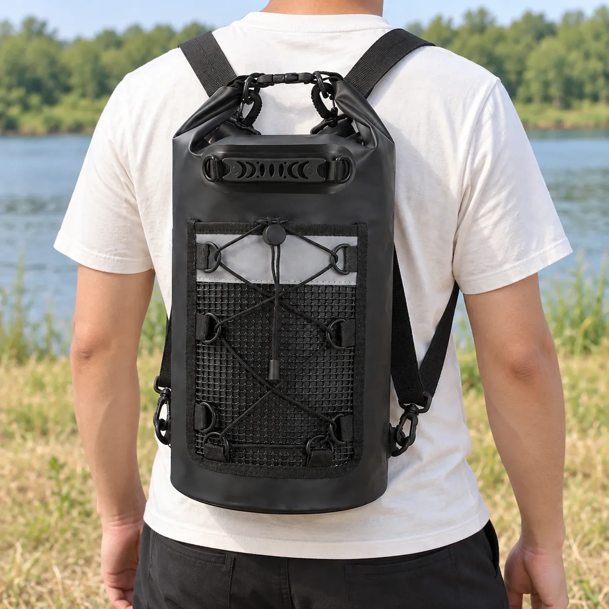 Tate Roll-Top Dry Bag - Black / 20L — actual two-strap carry on the back