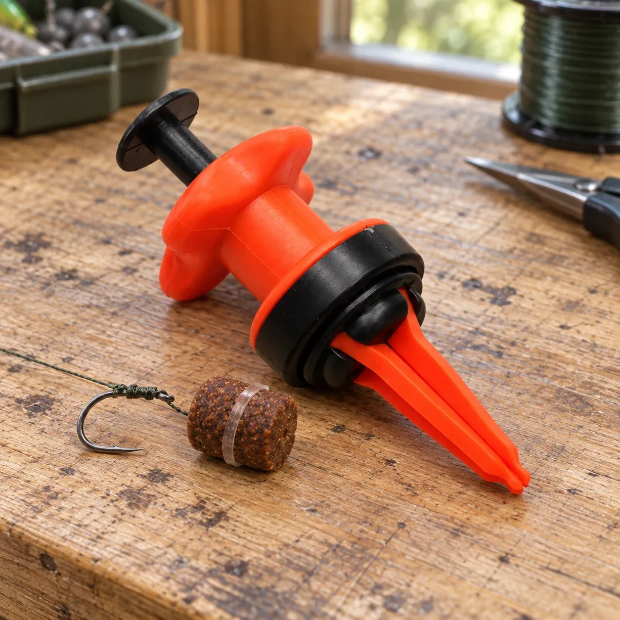 Single pellet secured by clear elastic band beside closed Orange Black four-prong tool; bait, band, hook and line not included