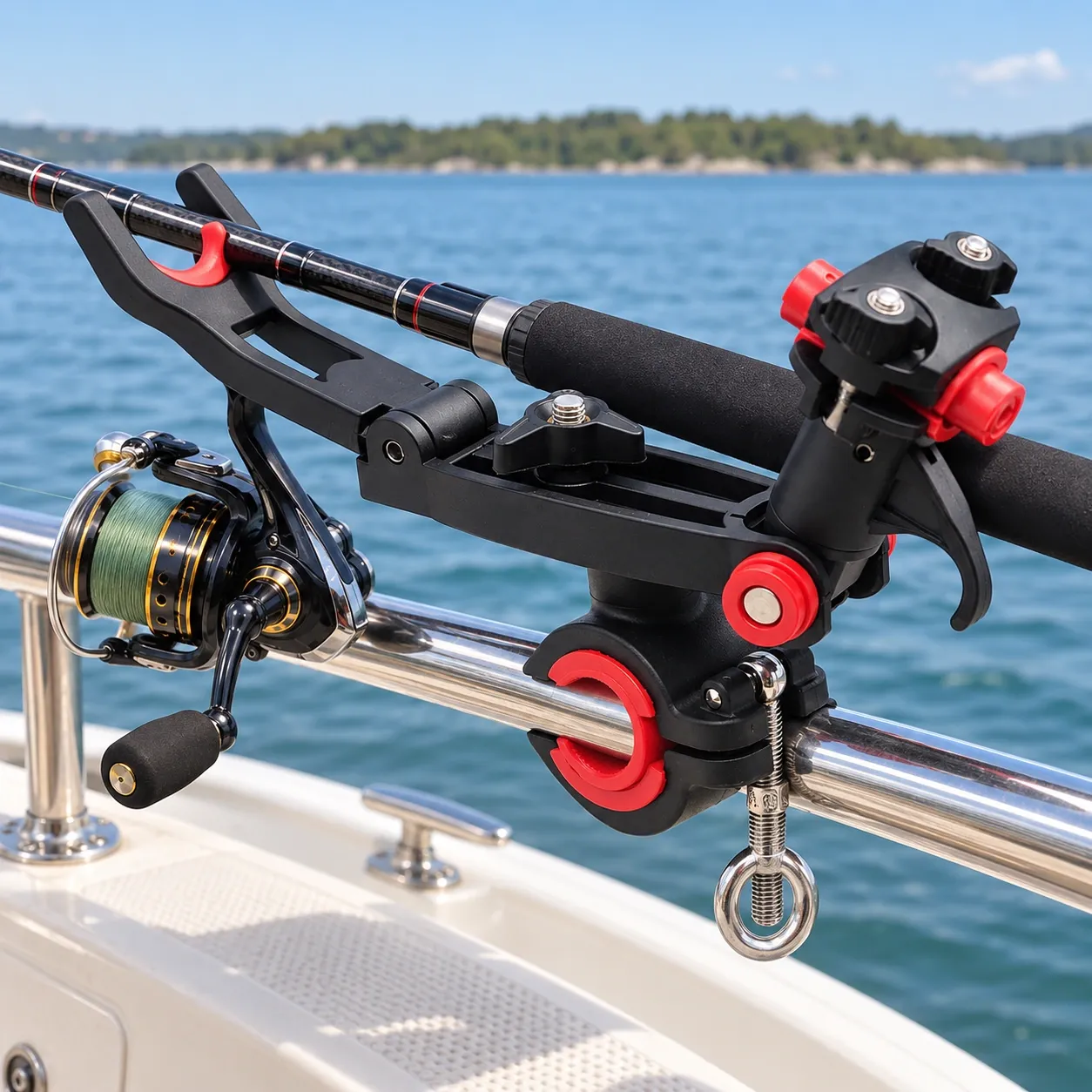 Cormick Rail Rod Holder - Black and Red , in use; other equipment not included