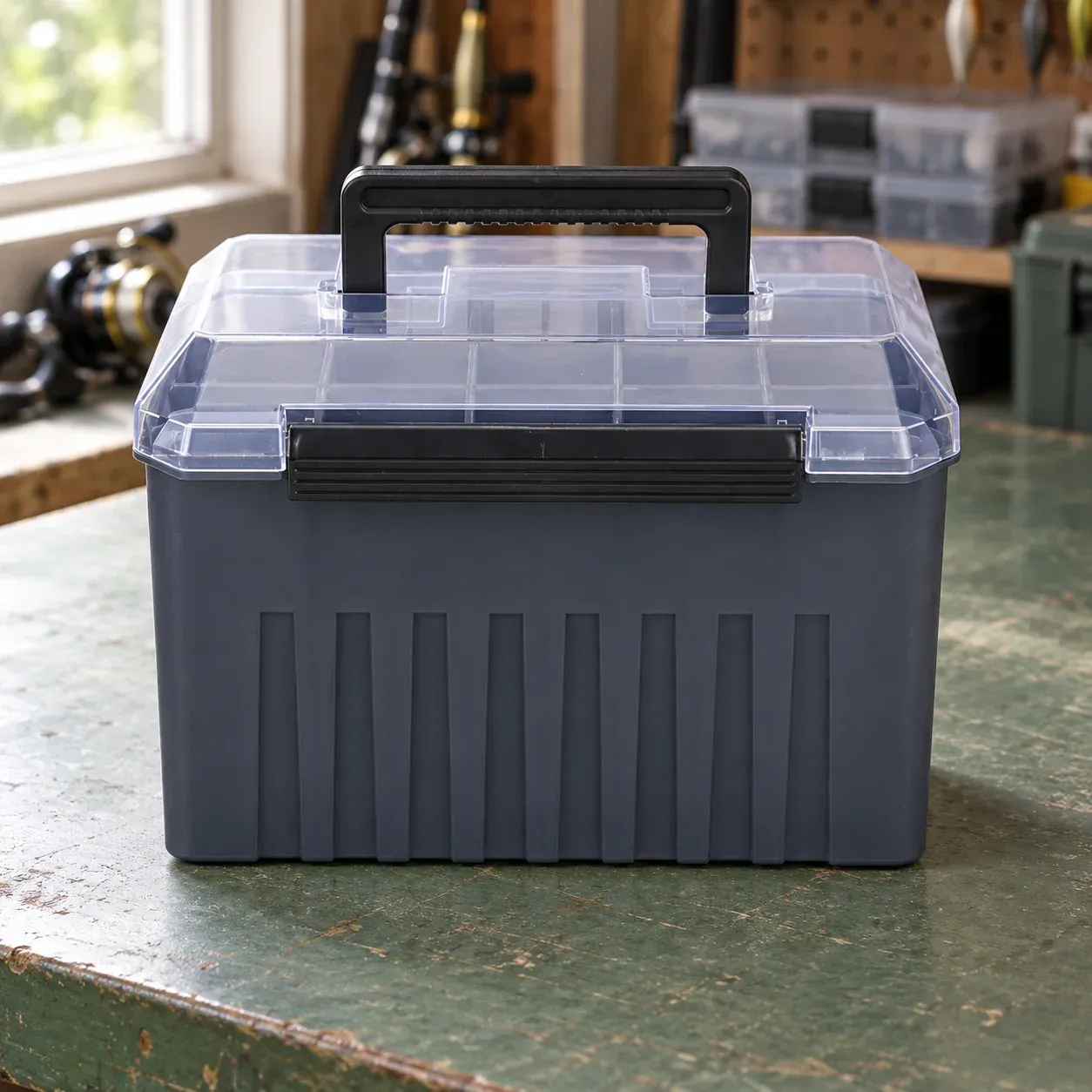 Gray vertical jig storage box with clear lid and carry handle