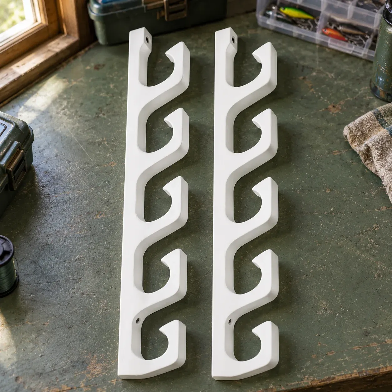 White rod rack — one pair, two rails with five hooks each