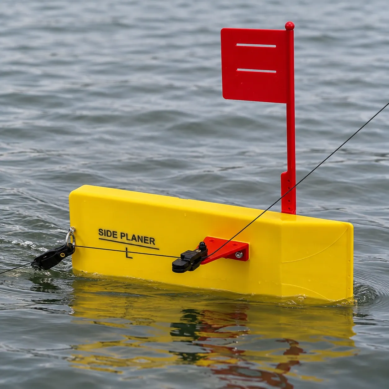 Fletcher Planer Board Pair - Left board guiding a trolling line at the water surface