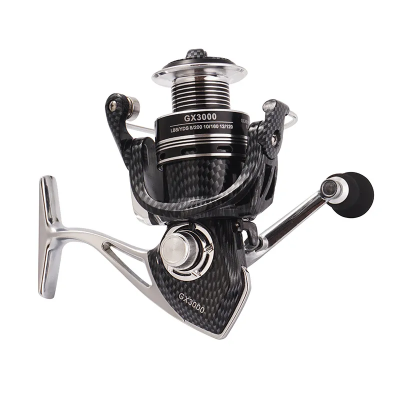 Front view of GX3000 silver/black reel with printed line capacity and rounded grip
