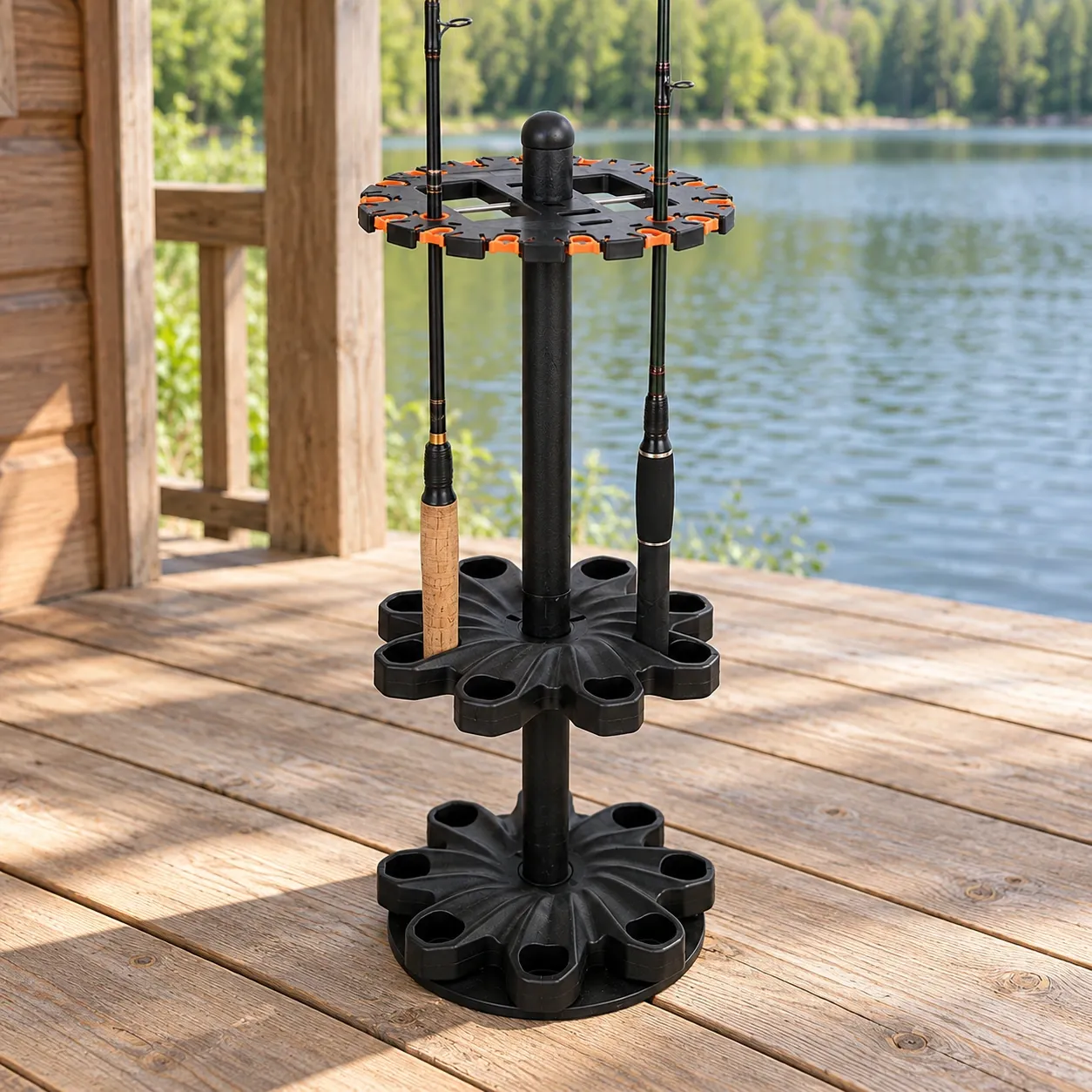 Soren Rotating Rod Rack - Black — upright rod storage; two rods are props