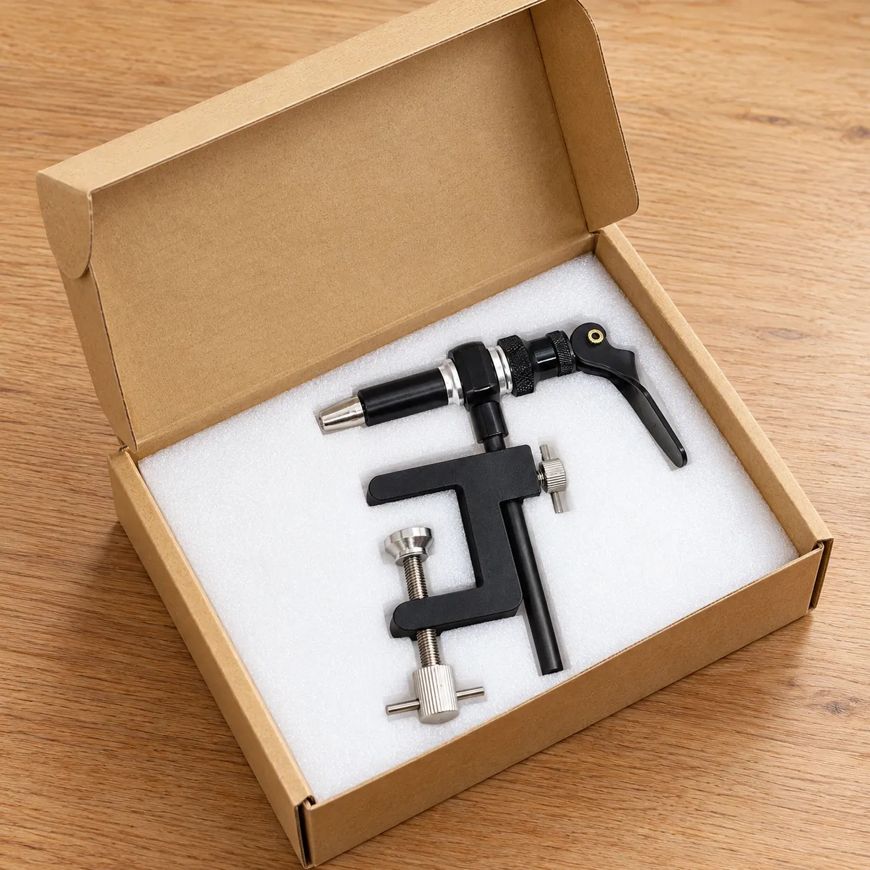 Tobias Fly Tying Vise - Complete rotary vise in its fitted storage box