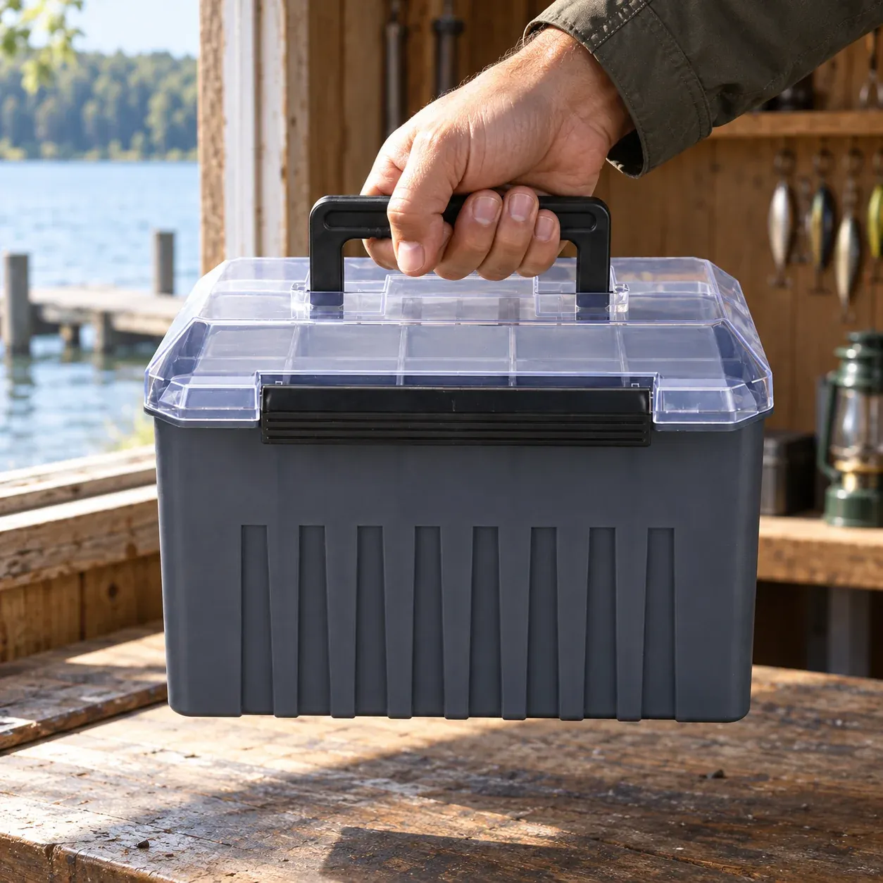 Hand carrying the gray jig storage box