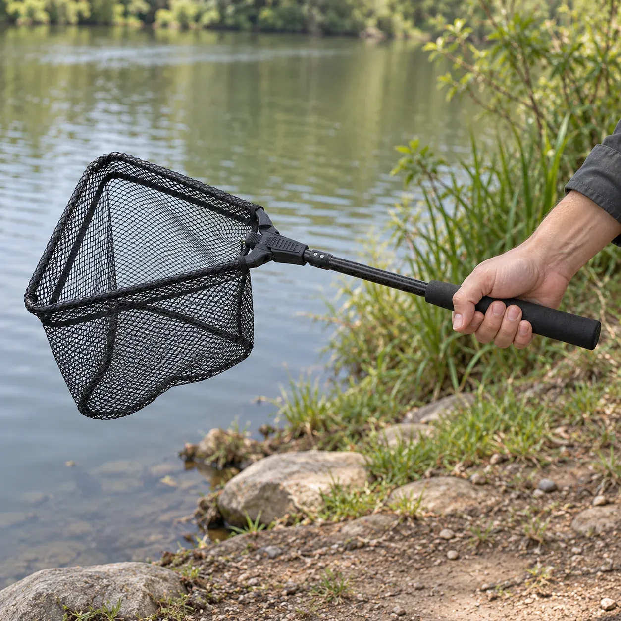 Adult hand holding the black landing net at a waterside bank