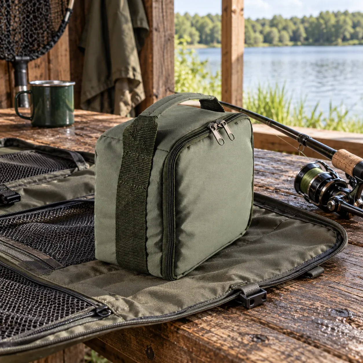 Harlan Tackle Pouch - Army green, 22.8 x 15.5 x 10.3 cm - in a furnished setting; other objects not included