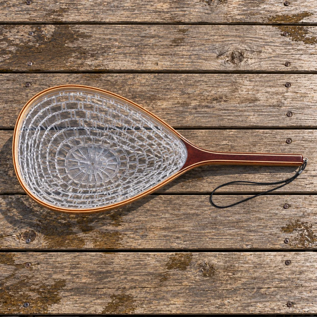 Piers Wooden Landing Net - Brown / Clear — complete frame, basket, handle and loop cord