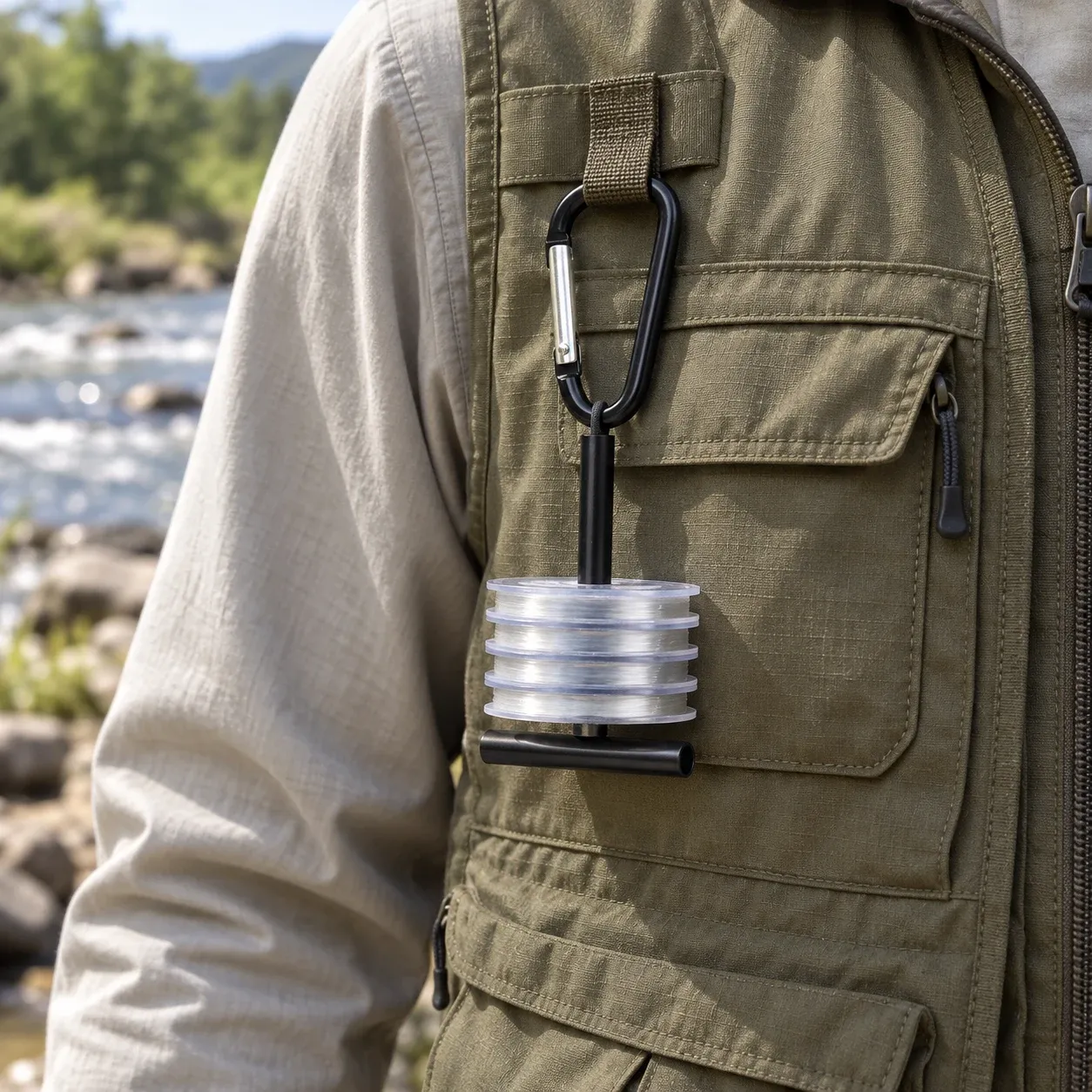 Tippet holder clipped to vest beside river with four spool props around vertical stem above bottom Tbar; spools and vest not included