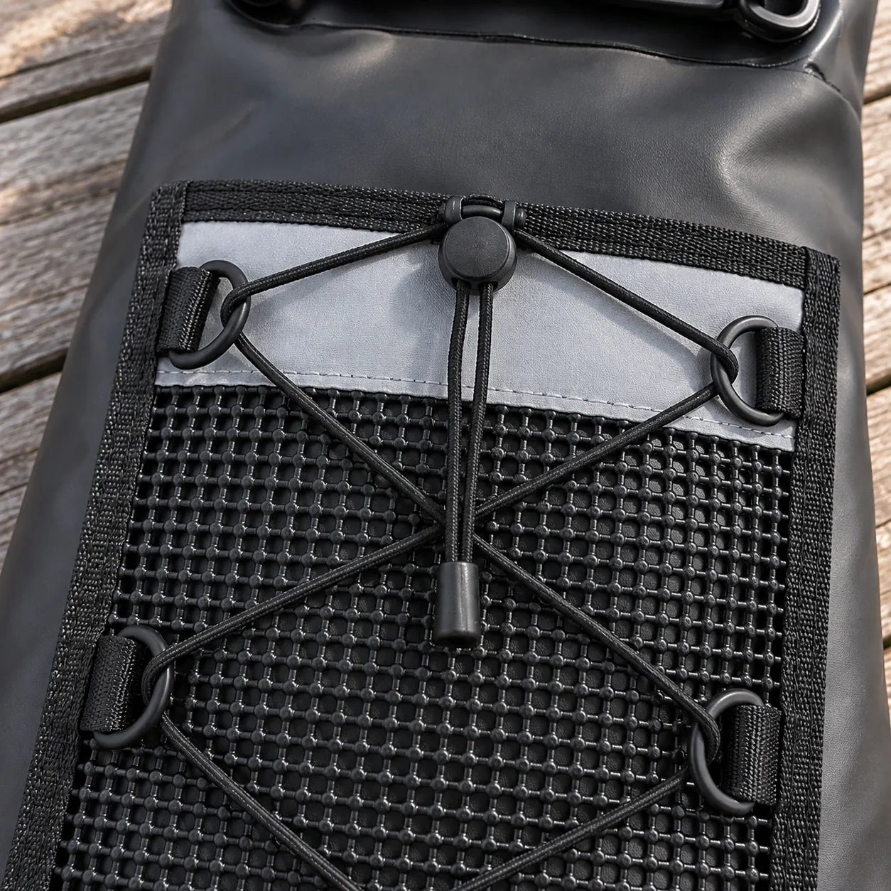 Tate Roll-Top Dry Bag - Black — mesh pocket, bungee cord lock and bound edging