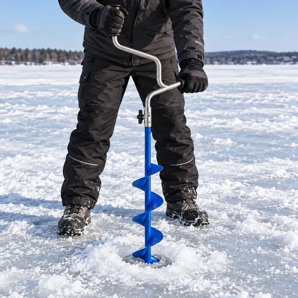 Torin Manual Ice Auger - Blue and Silver , in use; other equipment not included