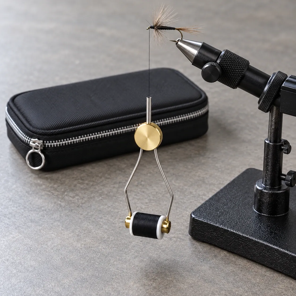 Tristan Fly-Tying Kit - Bobbin holder feeding thread while tying a fly; vise and materials not included