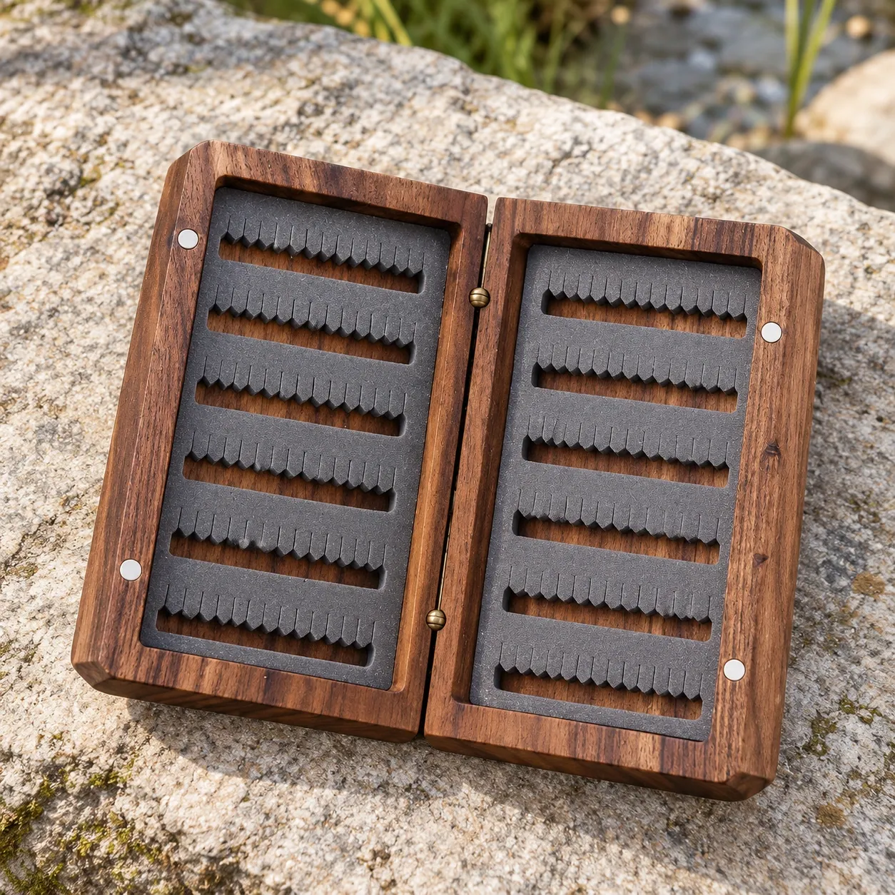 Empty double-sided walnut fly box with gray slotted foam