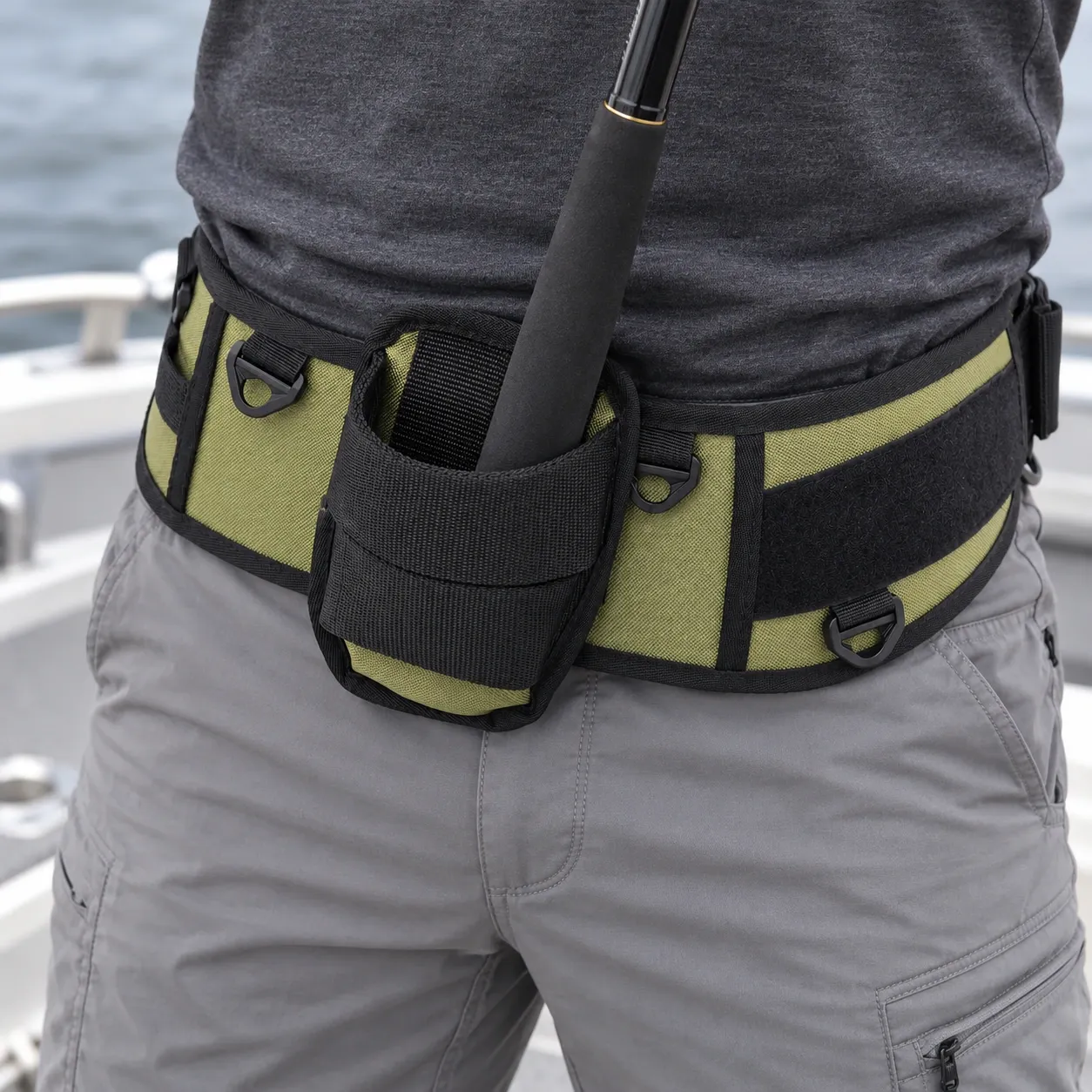 Weston Rod Support Belt - Army green belt worn at waist with rod butt seated inside central soft pocket; rod and clothing excluded