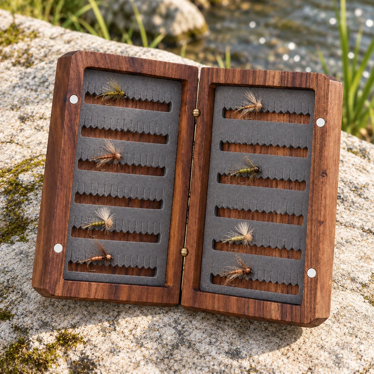 Open walnut fly box holding eight illustrative fishing flies; box only